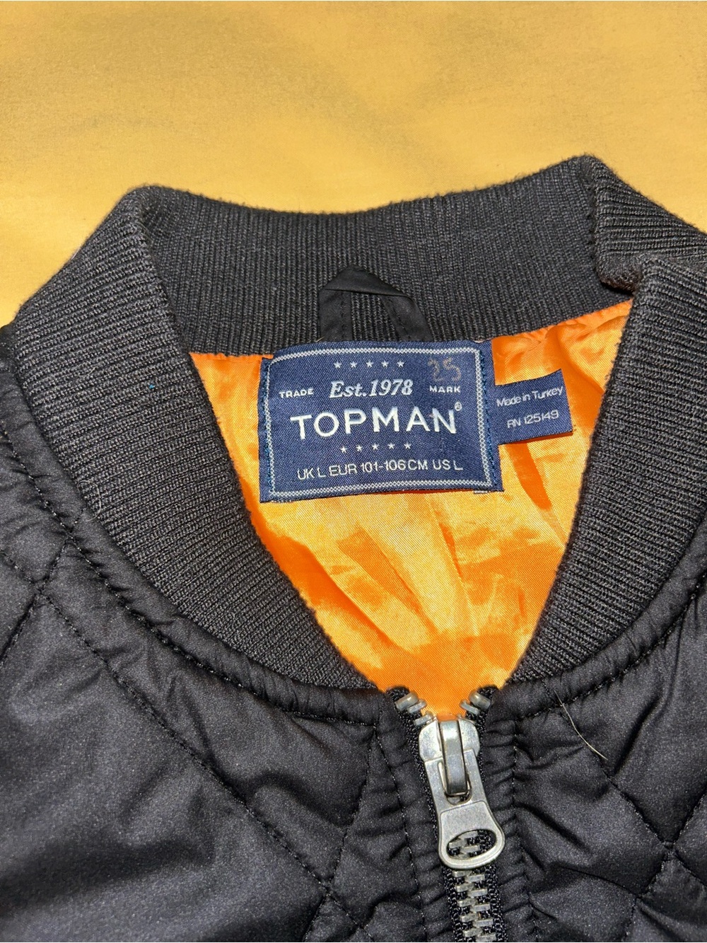 Topman Black Quilted Bomber Jacket with Orange Lining